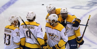 Nashville Predators defenceman P.K. Subban (right) celebrates his goal against the Winnipeg Jets during Game 2 of their second-round playoff series in Winnipeg with Viktor Arvidsson, Filip Forsberg, Craig Smith and Ryan Johansen (from left) on Tues., May 1, 2018. Kevin King/Winnipeg Sun/Postmedia Network