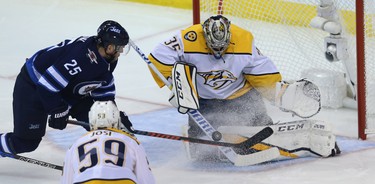 Winnipeg Jets centre Paul Stastny can't tip the puck past Nashville Predators goaltender Pekka Rinne during Game 2 of their second-round playoff series in Winnipeg on Tues., May 1, 2018. Kevin King/Winnipeg Sun/Postmedia Network
