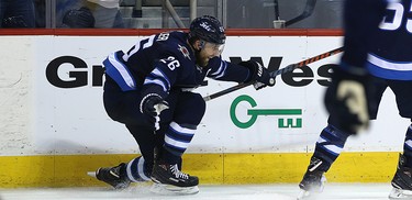 Winnipeg Jets captain Blake Wheeler celebrates his game-winning goal against the Nashville Predators during Game 2 of their second-round playoff series in Winnipeg on Tues., May 1, 2018. Kevin King/Winnipeg Sun/Postmedia Network