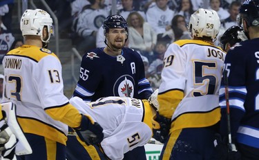 Winnipeg Jets centre Mark Scheifele eyes Nashville Predators defenceman Roman Josi during Game 2 of their second-round playoff series in Winnipeg on Tues., May 1, 2018. Kevin King/Winnipeg Sun/Postmedia Network