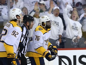Fans cheer as Nashville Predators defenceman P.K. Subban heads to the penalty box late during Game 2 of their second-round playoff series against the Winnipeg Jets in Winnipeg on Tues., May 1, 2018. Kevin King/Winnipeg Sun/Postmedia Network