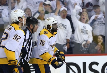 Fans cheer as Nashville Predators defenceman P.K. Subban heads to the penalty box late during Game 2 of their second-round playoff series against the Winnipeg Jets in Winnipeg on Tues., May 1, 2018. Kevin King/Winnipeg Sun/Postmedia Network