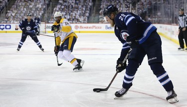 Winnipeg Jets forward Patrik Laine loads up a wrist shot during Game 2 of their second-round playoff series against the Nashville Predators in Winnipeg on Tues., May 1, 2018. Kevin King/Winnipeg Sun/Postmedia Network