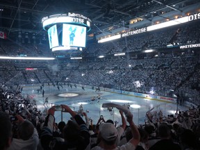 Fans cheer as the Winnipeg Jets step on the ice to face the Nashville Predators in Game 2 of their second-round playoff series in Winnipeg on Tues., May 1, 2018. Kevin King/Winnipeg Sun/Postmedia Network