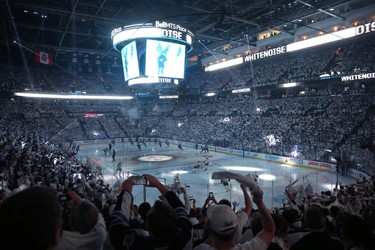 Fans cheer as the Winnipeg Jets step on the ice to face the Nashville Predators in Game 2 of their second-round playoff series in Winnipeg on Tues., May 1, 2018. Kevin King/Winnipeg Sun/Postmedia Network