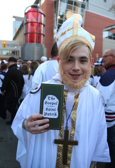 Derek Morley spreads the word at the Whiteout Party prior to Game 4 of the Winnipeg Jets and Nashville Predators second-round NHL playoff series in Winnipeg on Thurs., May 3, 2018. Kevin King/Winnipeg Sun/Postmedia Network