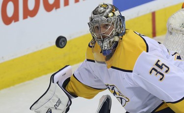 Nashville Predators goaltender Pekka Rinne tracks a Winnipeg Jets shot during Game 4 of their second-round NHL playoff series in Winnipeg on Thurs., May 3, 2018. Kevin King/Winnipeg Sun/Postmedia Network