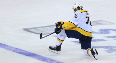 Nashville Predators defenceman P.K. Subban celebrates his second-period, power-play goal against the Winnipeg Jets during Game 4 of their second-round NHL playoff series in Winnipeg on Thurs., May 3, 2018. Kevin King/Winnipeg Sun/Postmedia Network