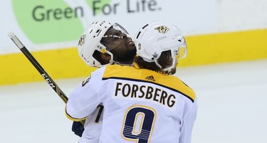 Nashville Predators defenceman P.K. Subban celebrates his second-period, power-play goal against the Winnipeg Jets during Game 4 of their second-round NHL playoff series in Winnipeg with Filip Forsberg on Thurs., May 3, 2018. Kevin King/Winnipeg Sun/Postmedia Network