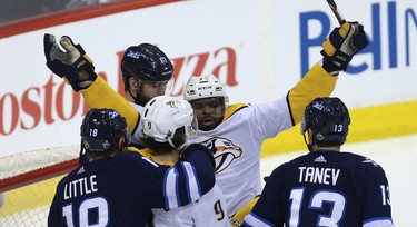 Nashville Predators defenceman P.K. Subban throws up his arms to assert his innocence during Game 4 of their second-round NHL playoff series against the Winnipeg Jets in Winnipeg on Thurs., May 3, 2018. Kevin King/Winnipeg Sun/Postmedia Network