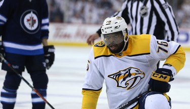 Nashville Predators defenceman P.K. Subban takes a knee late during Game 4 of their second-round NHL playoff series against the Winnipeg Jets in Winnipeg on Thurs., May 3, 2018. Kevin King/Winnipeg Sun/Postmedia Network