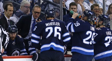 Winnipeg Jets head coach Paul Maurice speaks to his troops during a third-period timeout against the Nashville Predators during Game 4 of their second-round NHL playoff series in Winnipeg on Thurs., May 3, 2018. Kevin King/Winnipeg Sun/Postmedia Network