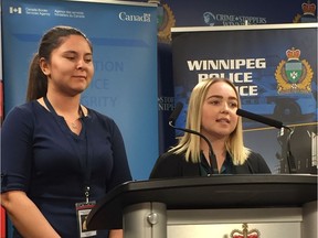 Workshop participants Hope Scott (left) and Nadia Ritchie address the media on the third Future Women in Law Enforcement (FWILE) workshop, Saturday.