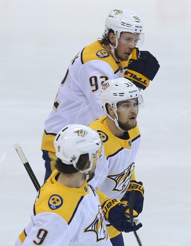 Nashville Predators forward Viktor Arvidsson (middle) is surprised his goal was waved off after scoring during Game 6 of their NHL playoff series against the Winnipeg Jets in Winnipeg on Mon., May 7, 2018. The goal was confirmed by video replay. Kevin King/Winnipeg Sun/Postmedia Network