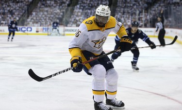Nashville Predators defenceman P.K. Subban retreats for a puck during Game 6 of their NHL playoff series in Winnipeg against the Winnipeg Jets on Mon., May 7, 2018. Kevin King/Winnipeg Sun/Postmedia Network