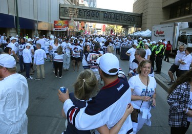 Fans take in the Whiteout Street Party prior to the Winnipeg Jets facing the Vegas Golden Knights in Game 1 of their Western Conference final series in Winnipeg on Sat., May 12, 2018. Kevin King/Winnipeg Sun/Postmedia Network