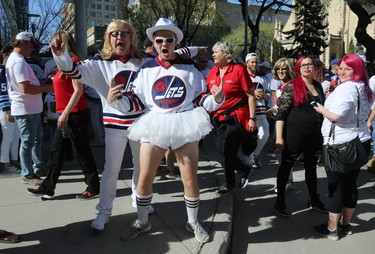 Fans take in the Whiteout Street Party prior to the Winnipeg Jets facing the Vegas Golden Knights in Game 1 of their Western Conference final series in Winnipeg on Sat., May 12, 2018. Kevin King/Winnipeg Sun/Postmedia Network