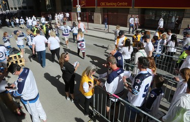 Fans have their tickets checked as they enter the Whiteout Street Party prior to the Winnipeg Jets facing the Vegas Golden Knights in Game 1 of their Western Conference final series in Winnipeg on Sat., May 12, 2018. Kevin King/Winnipeg Sun/Postmedia Network