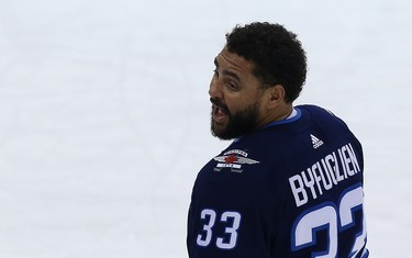 Winnipeg Jets defenceman Dustin Byfuglien skates during warmup before facing the Vegas Golden Knights in Game 1 of their Western Conference final series in Winnipeg on Sat., May 12, 2018. Kevin King/Winnipeg Sun/Postmedia Network