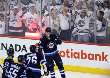 Winnipeg Jets forward Patrik Laine is congratulated on his goal against the Vegas Golden Knights during Game 1 of their Western Conference final series in Winnipeg on Sat., May 12, 2018. Kevin King/Winnipeg Sun/Postmedia Network