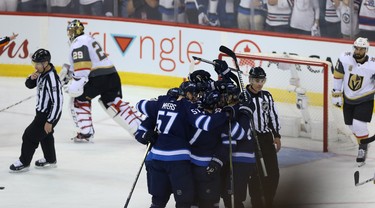 The Winnipeg Jets celebrate a goal from Joel Armia against the Vegas Golden Knights during Game 1 of their Western Conference final series in Winnipeg on Sat., May 12, 2018. Kevin King/Winnipeg Sun/Postmedia Network