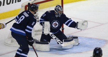 Winnipeg Jets goaltender Connor Hellebuyck is beat by Vegas Golden Knights defenceman Brayden McNabb during Game 1 of their Western Conference final series in Winnipeg on Sat., May 12, 2018. Kevin King/Winnipeg Sun/Postmedia Network