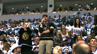 Vegas Golden Knights fans celebrate a second-period gaol during Game 1 of their Western Conference final series against the Winnipeg Jets in Winnipeg on Sat., May 12, 2018. Kevin King/Winnipeg Sun/Postmedia Network
