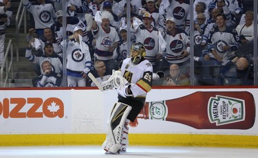 Vegas Golden Knights goaltender Marc-Andre Fleury goes for a skate as he's heckled by fans during Game 1 of their Western Conference final series against the Winnipeg Jets in Winnipeg on Sat., May 12, 2018. Kevin King/Winnipeg Sun/Postmedia Network