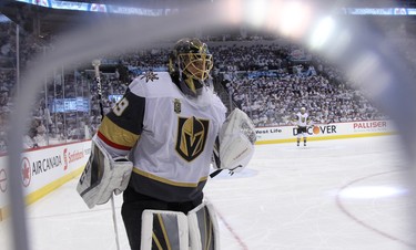 Vegas Golden Knights goaltender Marc-Andre Fleury takes a skate during a break in Game 1 of their Western Conference final series against the Winnipeg Jets in Winnipeg on Sat., May 12, 2018. Kevin King/Winnipeg Sun/Postmedia Network