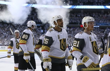 Vegas Golden Knights forwards Ryan Reaves (centre) and Cody Eakin leave the ice following a loss to the Winnipeg Jets in Game 1 of their Western Conference final series in Winnipeg on Sat., May 12, 2018. Kevin King/Winnipeg Sun/Postmedia Network