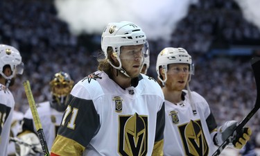 Vegas Golden Knights forward William Karlsson (centre) and teammates leave the ice following a loss to the Winnipeg Jets in Game 1 of their Western Conference final series in Winnipeg on Sat., May 12, 2018. Kevin King/Winnipeg Sun/Postmedia Network