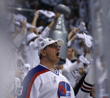 Winnipeg Jets fans cheer a victory over the Vegas Golden Knights during Game 1 of their Western Conference final series in Winnipeg on Sat., May 12, 2018. Kevin King/Winnipeg Sun/Postmedia Network