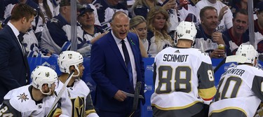 Vegas Golden Knights head coach Gerard Gallant talks to his team during a timeout late in Game 1 of their Western Conference final series against the Winnipeg Jets in Winnipeg on Sat., May 12, 2018. Kevin King/Winnipeg Sun/Postmedia Network