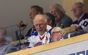 Former Winnipeg Jets greats Anders Hedberg (centre) and Ulf Nilsson share a light moment during Game 1 of the Western Conference final series against the Vegas Golden Knights in Winnipeg on Sat., May 12, 2018. Kevin King/Winnipeg Sun/Postmedia Network