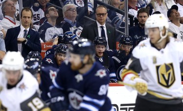 Winnipeg Jets head coach Paul Maurice watches his team battle the Vegas Golden Knights during Game 1 of their Western Conference final series in Winnipeg on Sat., May 12, 2018. Kevin King/Winnipeg Sun/Postmedia Network