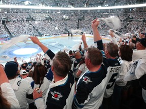 Fans cheer prior to the Winnipeg Jets facing the Vegas Golden Knights in Game 1 of their Western Conference final series in Winnipeg on Sat., May 12, 2018. Head coach Rick Bowness used this playoff run to rile his team up after practice this week as the Jets battle for a playoff spot.