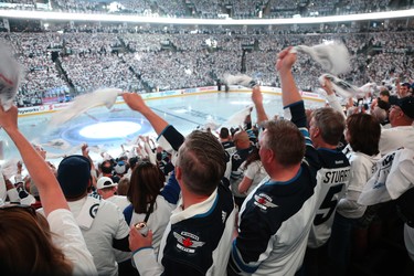 Fans cheer prior to the Winnipeg Jets facing the Vegas Golden Knights in Game 1 of their Western Conference final series in Winnipeg on Sat., May 12, 2018. Kevin King/Winnipeg Sun/Postmedia Network