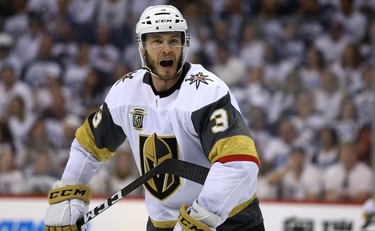 Vegas Golden Knights defenceman Brayden McNabb pleads his case with the referee after being penalized during Game 1 of their Western Conference final series against the Winnipeg Jets in Winnipeg on Sat., May 12, 2018. Kevin King/Winnipeg Sun/Postmedia Network