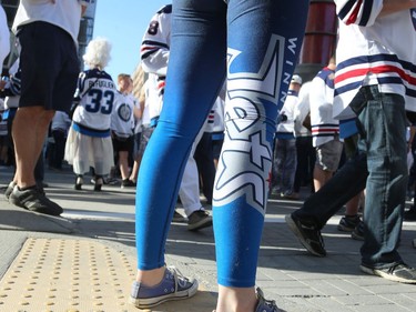Legs with a logo at the Whiteout Street Party before the Winnipeg Jets met the Vegas Golden Knights in Game 2 of the Western Conference final in Winnipeg on Mon., May 14, 2018. Kevin King/Winnipeg Sun/Postmedia Network