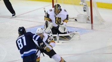 Winnipeg Jets forward Kyle Connor can't beat Vegas Golden Knights goaltender Marc-Andre Fleury during Game 2 of the Western Conference final in Winnipeg on Mon., May 14, 2018. Kevin King/Winnipeg Sun/Postmedia Network