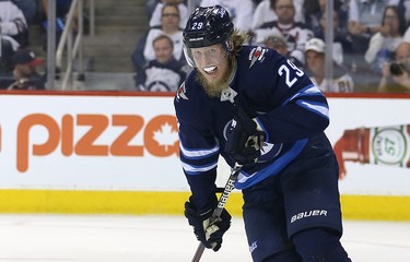 Winnipeg Jets forward Patrik Laine gets after the puck against the Vegas Golden Knights during Game 2 of the Western Conference final in Winnipeg on Mon., May 14, 2018. Kevin King/Winnipeg Sun/Postmedia Network