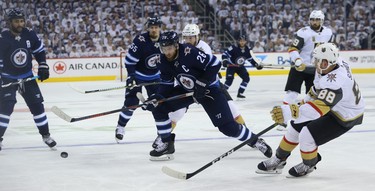 Winnipeg Jets forward Blake Wheeler handles the puck in the Vegas Golden Knights zone during Game 2 of the Western Conference final in Winnipeg on Mon., May 14, 2018. Kevin King/Winnipeg Sun/Postmedia Network
