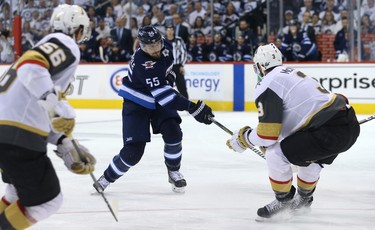 Winnipeg Jets centre Mark Scheifele has his shot blocked by Vegas Golden Knights defenceman Brayden McNabb during Game 2 of the Western Conference final in Winnipeg on Mon., May 14, 2018. Kevin King/Winnipeg Sun/Postmedia Network