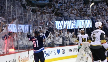 Winnipeg Jets forward Kyle Connor celebrates his goal against the Vegas Golden Knights during Game 2 of the Western Conference final in Winnipeg on Mon., May 14, 2018. Kevin King/Winnipeg Sun/Postmedia Network