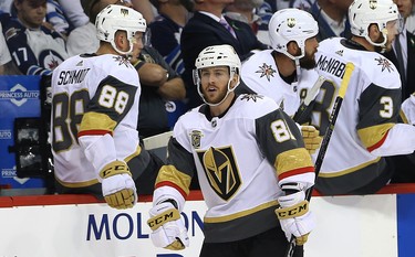 Vegas Golden Knights forward Jonathan Marchessault celebrates at the bench after scoring against the Winnipeg Jets during Game 2 of the Western Conference final in Winnipeg on Mon., May 14, 2018. Kevin King/Winnipeg Sun/Postmedia Network