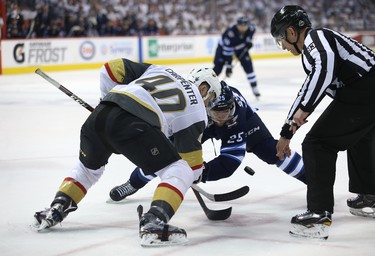 Winnipeg Jets centre Paul Stastny and Vegas Golden Knights centre Ryan Carpenter face off during Game 2 of the Western Conference final in Winnipeg on Mon., May 14, 2018. Kevin King/Winnipeg Sun/Postmedia Network