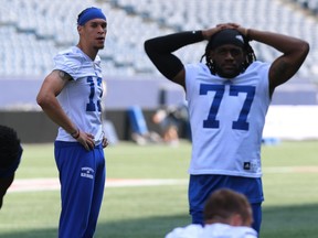 Receiver Rashaun Simonise (centre) catches his breath after a drill during the opening day of Winnipeg Blue Bombers rookie camp at Investors Group Field in Winnipeg on Wed., May 16, 2018. Kevin King/Winnipeg Sun/Postmedia Network