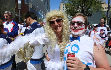 Lyle and Lynda Thompson enjoy themselves at the Whiteout Street Party before the Winnipeg Jets battled the Vegas Golden Knights during Game 5 of the Western Conference final in Winnipeg on Sun., May 20, 2018. Kevin King/Winnipeg Sun/Postmedia Network