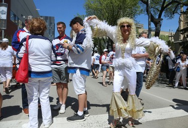 Lynda Thompson all dolled up for the Whiteout Street Party before the Winnipeg Jets battled the Vegas Golden Knights during Game 5 of the Western Conference final in Winnipeg on Sun., May 20, 2018. Kevin King/Winnipeg Sun/Postmedia Network