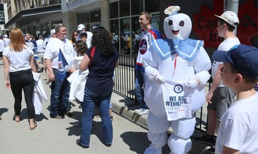 The Stay Puft marshmallow man graces the Whiteout Street Party before the Winnipeg Jets battled the Vegas Golden Knights during Game 5 of the Western Conference final in Winnipeg on Sun., May 20, 2018. Kevin King/Winnipeg Sun/Postmedia Network